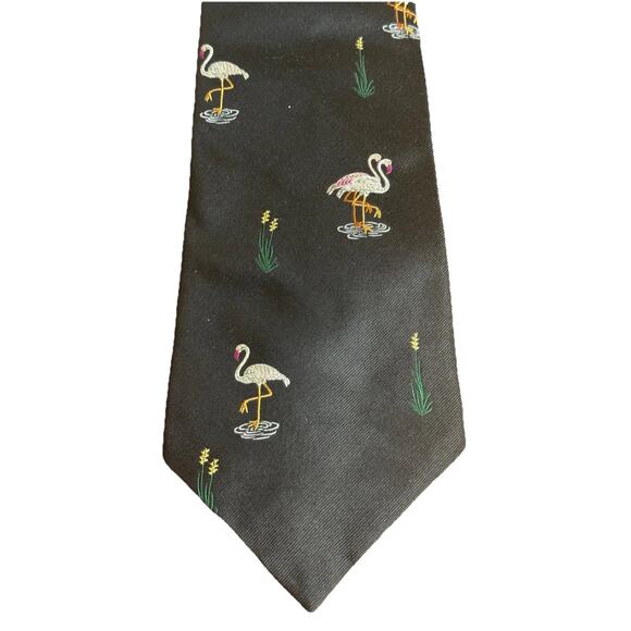 Polo Ralph Lauren Silk Flamingo Tie Cattails Made USA Handmade Vtg Black Gray - Picture 7 of 8